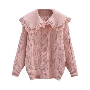 Pink Cable Knit Sweater with Ruffled Collar